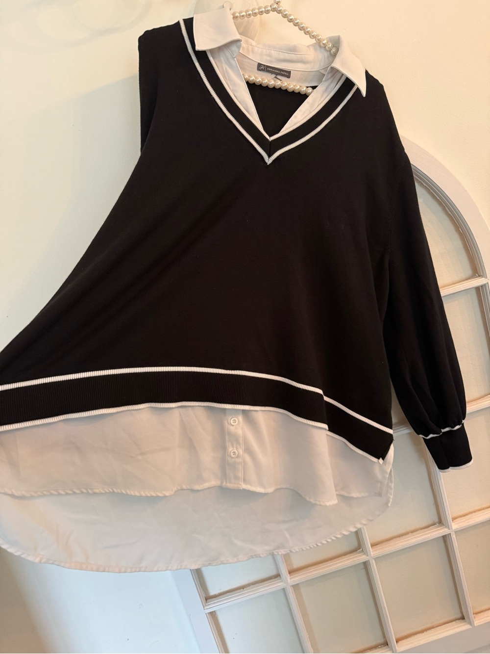 Adrianna Papell 2-in-1 Layered V-Neck Sweater Top with Collared Shirt